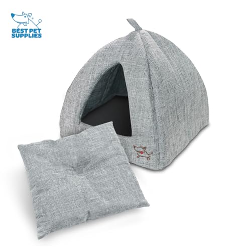 Best Pet Supplies Cat Bed for Indoor Cat, Domed Tent House with Removable Pillow, Covered Cat Cave for Small Dog, Puppies and All Breeds of Cats - Gray Linen, 16 x 16 x H:14" - color: Gray Linen, size: 16" x 16" x H:14"