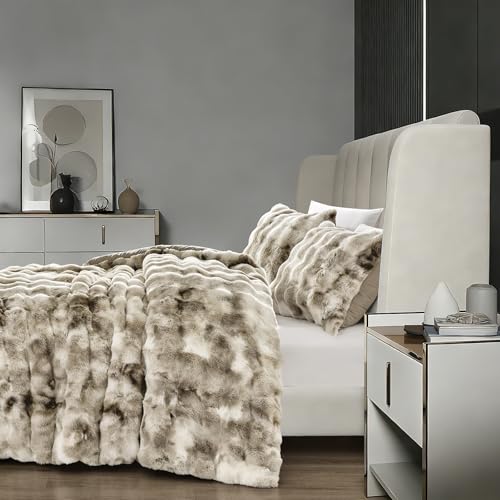 Fredsure Faux Rabbit Fur Comforter Set, 3 Pieces Tie Dye Khaki Queen, Faux Rabbit Fur Face and Microfiber Reverse - color: Tie Dye Khaki, size: Queen