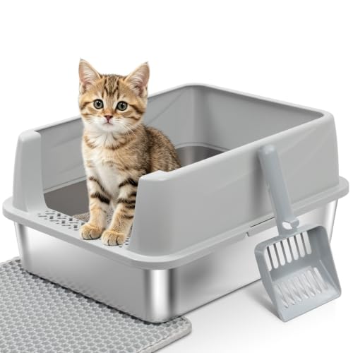 Stainless Steel Litter Box with Lid,Cat Litter Box for Kitten | Metal Kitty Litter Box for Small Cats,Non-Stick,Anti-Leakage,Easy to Clean,Include Scoop and Mat - size: M:17.5x13.6x8inch with Lid