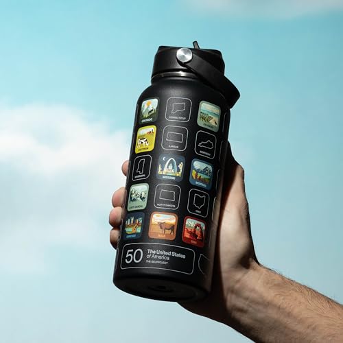 THE GEOPROJECT 50 States Bucket List Water Bottle with Stickers - 32oz Leakproof Insulated Stainless Steel with Straw & 50 States Water Bottle Stickers (Black) - color: Coal/Black