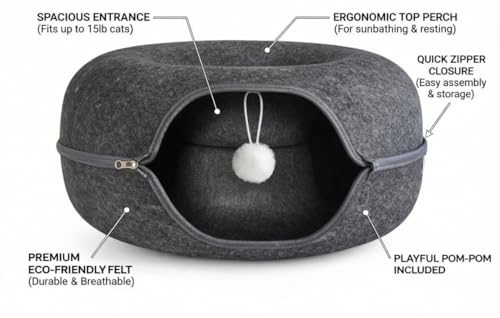 Cat Cave Tunnel Bed - Comfort Bedz Large Donut Cat House, Enclosed Felt Hideaway with Zipper, Top Perch, Interactive Toy, Washable for Indoor Cats up to 25lbs