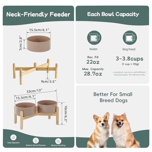 Havniva Elevated Dog Bowls Ceramic Dog Bowls with Stand, Dog Food Bowl | 6.1” Raised Dog Bowls with Non-Slip Wood Stand, Dog Food and Water Bowl Set, Double Dog Feeding Bowls for Small & Medium Dogs - color: 2 Bowls+Stand - Brown Coffee, size: 6.1inch