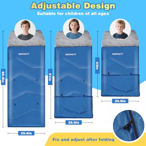 REDCAMP Kids Mummy Sleeping Bag for Camping, 3 Season Cold Weather Sleeping Bag Fit Boys,Girls & Teens, Blue/Rose Red - color: Blue with 3 Adjustable Length