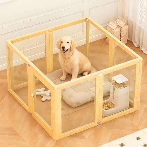 8 Panel Elegant Wooden Frame Clear Acrylic Indoor Puppy Playpen | Stain-resistant waterproof layering designed for hassle-free cleaning and long-lasting furniture protection - size: 8 Panel 39.4x39.4in