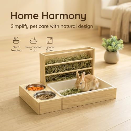 3 in 1 Rabbit Hay Feeder with Litter Box, Wooden Bunny Hay Holder Feeder Toilet Combo with 2 Stainless Steel Bowls and Removable PP Tray for Rabbits, Guinea Pigs,Small Animals