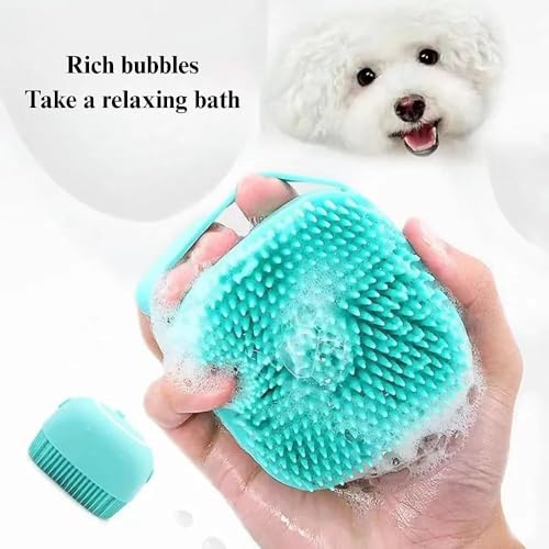 1pc blue pet massage brush and bath brush with soap dispenser design, soft silicone material that won't damage pet hair. Pet grooming tools suitable for various pets such as dogs and cats