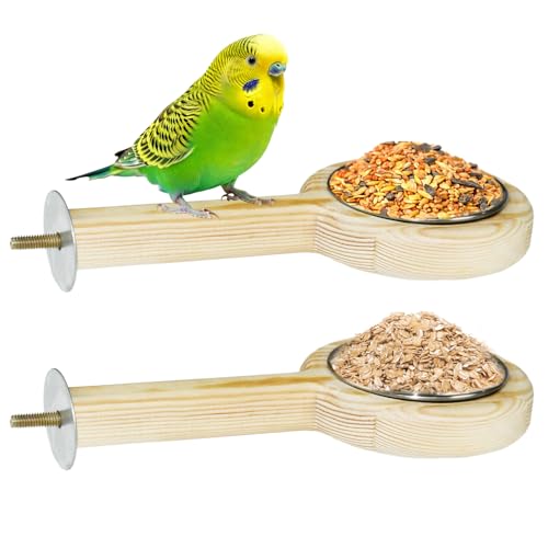 2-Pack Bird Perch Feeding Cup for Parakeet Cockatiel Budgie | 2-in-1 wooden perch and stainless steel bowl stops tipping and cage mess. Fits most cages, tool-free - color: 2*small bird feeding cup