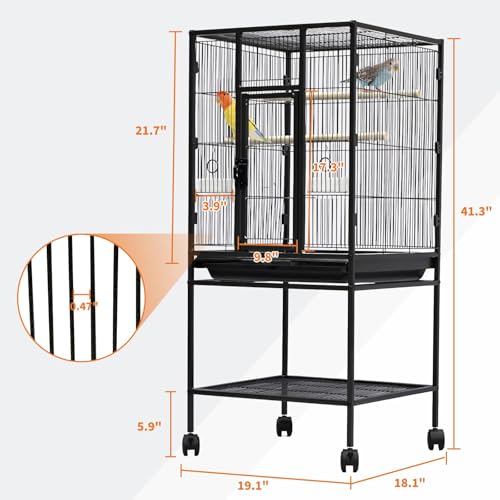 Spacious Flight Bird Cage with Rolling Stand & Storage Shelf - Durable Wrought Iron Parrot Home w/Play Top & Bowls - Easy Clean, Ideal for Parakeets, Cockatiels, Conures - size: 25.4"L x 19.7"W x 5.9"H