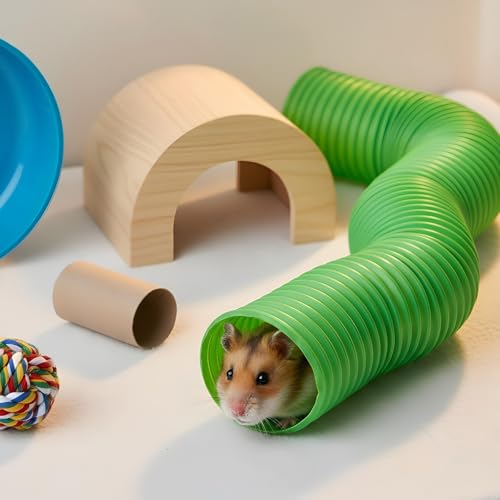 4 Pack Hamster Tunnels, Foldable Plastic Tube Toy & Hideout for Hamsters, Mice, Rats, Ferrets, Guinea Pigs, and Other Small Animals (Blue, Green, Pink, White)