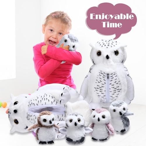 Hollowfly 5 Pcs Owls Plush Toy Gift Set 15.7" Mommy Snowy Owls with 4 Cute White Babies Stuffed Animal in Zippered Belly Nurturing Plushies Toy Set for Kid Adults Birthday Birthday Party Favors Gifts - style: Owls