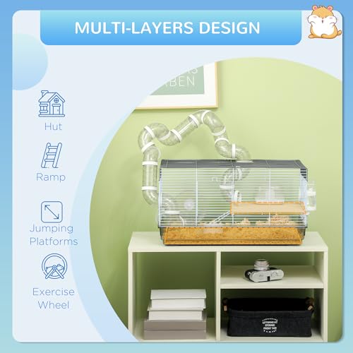 PawHut Hamster Cage, 2 Levels Gerbil Cage, Small Animal Cage for Dwarf Hamster with Tubes and Tunnels, Exercise Wheel, Food Dish, Water Bottle, Ramp, 23" x 13" x 12", Gray | Gerbil Habitat, Small Animal Cage, Tubes and Tunnels, Exercise Wheel, Food Dish,