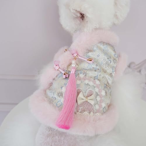 Dog Chinese New Year Clothes Cat Tang Costume Outfit,Tassels Dog Cheongsam Tang Suit,Winter Fleece Pet Jacket Clothes (Pink+Blue, XS(Bust12.5inch|Weight 1-3LBS)) - color: Pink+Blue, size: XS(Bust12.5inch|Weight 1-3LBS )