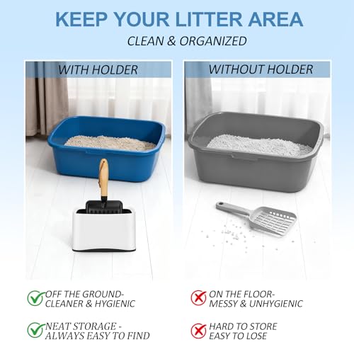 Cat Litter Scoop, Metal Litter Scoop, Short with Holder | Heavy Duty Metal Cat Scooper for Litter Box, Black Sifter Scoop for Pellets, Wooden Handle Scoop with Hole, Kitty Necessity - size: Cat Litter Scoop Short with Holder