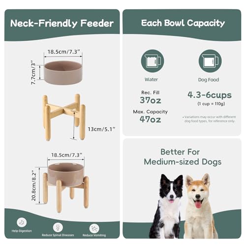 Havniva Elevated Dog Bowls Ceramic Dog Bowls with Stand, Dog Food Bowl | 7.3” Raised Dog Bowls with Non-Slip Wood Stand, Dog Food and Water Bowl Set, Dog Feeding Bowls for Medium Dogs - color: Bowl+Stand - Brown Coffee, size: 7.3inch