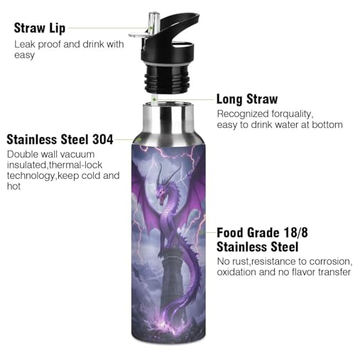 Purple Dragon Lightning Water Bottle Kids Insulated Sports Vacuum Stainless Steel Mug with Straw Lid & Handle 20 oz - color: AB05