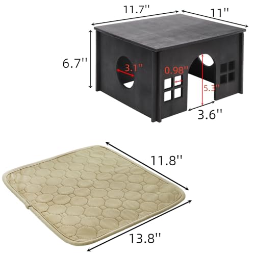 Wooden Hamster Hideout with Window Door, Soft Mat | Detachable Small Animal Guinea Pig House, Woodland House Habitats Decor for Chinchilla Mice Gerbils Mouse Dwarf