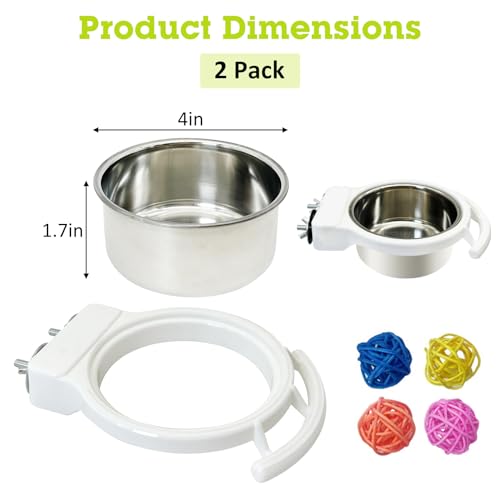 Stainless Steel Bird Bowls for Cage 2 Pcs Parrot Feeding Dish Metal Food and Water Cups Detachable Birds Cage Feeder Hanging Finch Food Plates with Perch for Parakeet Budgie Lovebird (White) - color: White