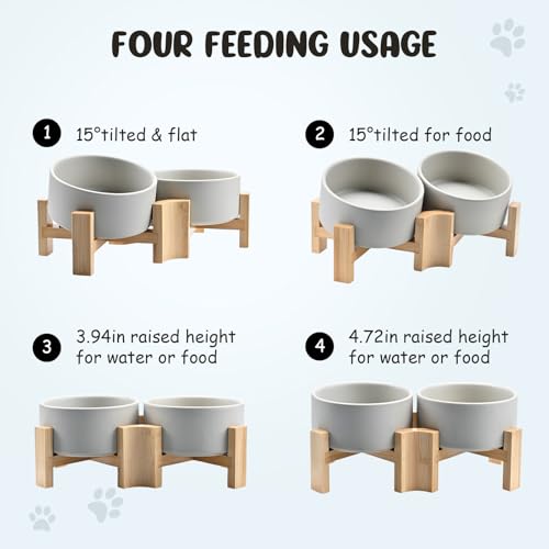 SPUNKYJUNKY 15° Slanted Ceramic Dog and Cat Bowl with Wooden Stand, Tilted Bulldog Food and Water Bowl No Slip Non-Spill for Cats Medium Dogs Big Face Pets 28.7 OZ (3.6 Cups, Grey × 2) - color: Grey, size: 3.6 CUPS × 2