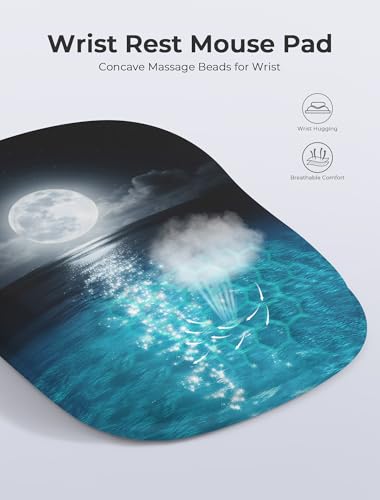 Blue Ocean and Moon Aesthetic Ergonomic Mouse Pad for Carpal Tunnel Pain Relief, 65% Usable Mouse Area, Memory Foam Concave Wrist Rest for Office, PC, Gaming - color: 08 Blue Ocean and Moon