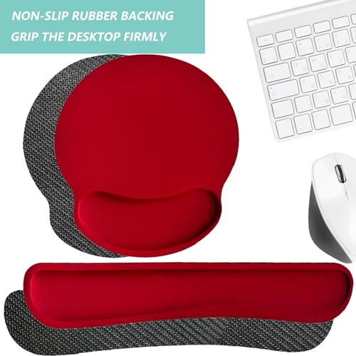 Keyboard Wrist Rest Pad Mouse Pad with Wrist Support Set of 3, Mousepad with Non-Slip Rubber Base, Ergonomic Memory Foam Mouse Wrist Cushion Support for Home Office Laptop Computer Gaming, Red - color: Red