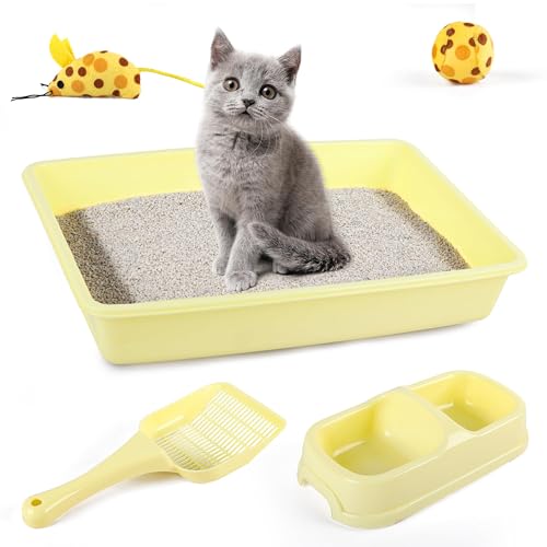 Pawise Newborn Kitty Litter Box Set, 5-Piece Cat Starter Kit – Includes Low-Entry Litter Pan, Scooper, Feeding Bowls & Mouse Toy, Ideal for New Kittens, 14.5 x 10.5 Inches, Yellow - color: yellow
