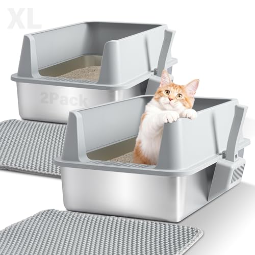 2 Pack Stainless Steel Litter Box,XL Metal Cat Litter Box with Lid | Extra Large Litter Box for Big Cats,High Sided,Odor-Resistant, Scratch-Proof, Easy to Clean,Scoop &Mat Included - color: XLarge-2 pack