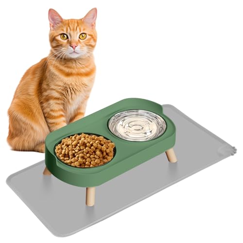 Elevated Cat Bowl with Food Mat, Raised Cat Food and Water Bowl Set for Indoor Cats, Splash Proof with 2 Stainless Steel Pet Food Bowls for Cats and Puppies,Whisker Fatigue and Dishwasher Safe (Green) - color: Cat Bowls with mat - green