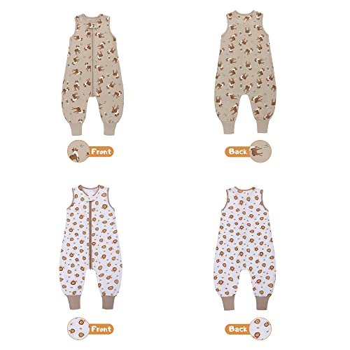 LAT Baby Sleep Sack,Summer Cotton Sleeveless Sleeping Sack Toddler with Legs,Baby Wearable Blanket with Zipper 6M-4T(2Pcs,Khaki Deer+Lion,1-2T)