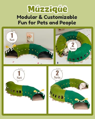 Felt Cat Tunnel, Connectable Large Cute Rabbit Tunnel Bed, with Hair Brush | Indoor Modular S Caterpillar Shape Kitten Cave, Interactive Hole Toy, Hideaway Bunny Furniture, Peekaboo Green Entertainment