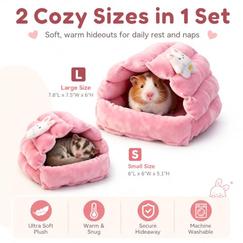 Meow&Woof Small Animal Beds, 2 Pack Hamster Hideout, Washable Guinea Pig House, Cozy Hedgehog Cage Accessories, Hideaway for Sugar Glider, Chinchilla, Rat-Pink - color: Pink
