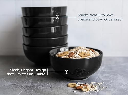KooK Soup Bowls, Cereal Bowl, Ceramic, Bowls for Kitchen, Microwave, Dishwasher and Freezer Safe, Porcelain Dishes for Pasta, Salad, Oatmeal, Deep Interior, 20 oz, Set of 6, (Black) - color: Black, 6 Pack
