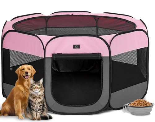A 4 Pet 50.39-in Dog Playpen, Small Dogs & Puppies, Pink+Grey | Includes bowl, waterproof floor, pop-up design, home/travel/outdoor use - color: Pink+Grey, size: L(50.39"x50.39"x25")