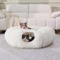 Cat Tunnel with Bed – Soft Plush Peekaboo Donut Cave for Indoor Cats | Under Christmas Tree Hideaway & Multifunctional Playground Toy for Kittens, Rabbits, Ferrets (Long-Pile Fabric White) - color: Long-pile fabric White