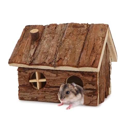 Hypeety Natural Wooden Hamster House Cage Small Animals House with Chimney | Natural solid wood, chew-proof and ventilated play house, for hamsters/gerbils/mice, no assembly required, 5.1x4.3x3.5'', S - size: S