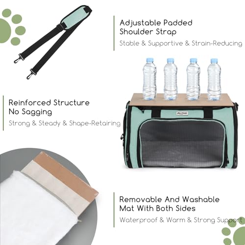 Pet Carrier for Cats & Small Dogs, Travel Carrier with Anti-Collapse Support, Chew Resistant Buckles, Luggage Sleeve, Multi-Pocket Storage, Reversible Mat & Bowl (Green, Medium (17.5"x11"x11.5")) - color: Green