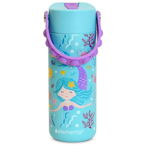 Elemental Insulated Kids Water Bottle, Stainless Steel Water Bottle with Straw Lid & Pop-It Handle, Leak-Proof Water Bottles for School, Boys or Girls, Travelling and Sports, 18oz - Mermaid - color: Mermaid