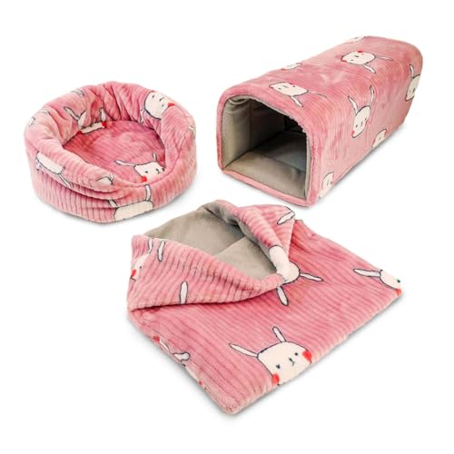 GuineaDad Guinea Pig Hideout & Tunnel Set – Plush Enrichment Toys and Accessories for Guinea Pigs – Soft Small Animal Hideaway, Tunnel, and Hiding Hut – Indoor Play for Cage or Enclosure (Pink)