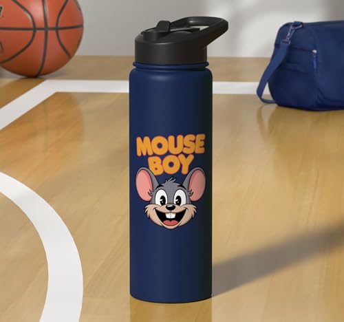 Mouse Boy | Childrens Mice Product | Youth Kids Boys Mouse Stainless Steel Insulated Water Bottle - color: Navy Blue