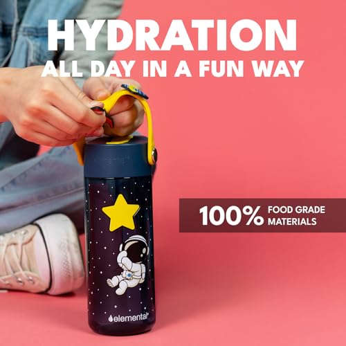 Elemental Water Bottles for Kids - Splash Kids Water Bottle for School with Fun Charm Handle - BPA Free Tritan Plastic Bottle with Straw Leak Proof When Spout is Closed - 18oz - Little Astronaut - color: Little Astronaut