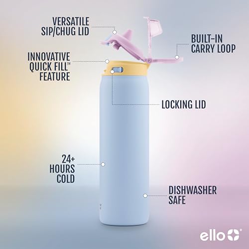 Ello Pop & Fill Insulated Stainless Steel Water Bottle with Quick Fill Lid, Leakproof Locking, Sip or Chug Spout, BPA-Free, Double Wall Vacuum Insulated for Sports, Travel & School- 22oz / 32oz / 40oz - color: Coastal Sunrise, style: 22oz