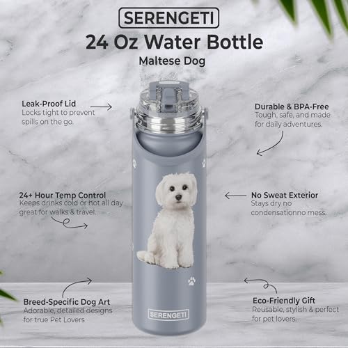 SERENGETI 24 Oz Water Bottle Stainless Steel with Spill Proof Lid - Double walled Vacuum Insulated water flask - Realistic 3D Print of your favorite dog (Maltese) - color: Maltese