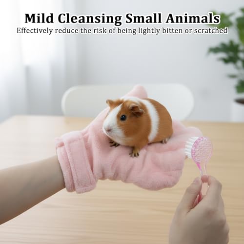 Hamster Bite Proof Glove and Grooming Brush Set, Adjustable Hamster Glove, Lid Soft Cleansing Brush Massage Combs, Guinea Pig Brush, Hamster Care Set for Hamsters, Ferrets, Hedgehogs (Pink) - color: Pink