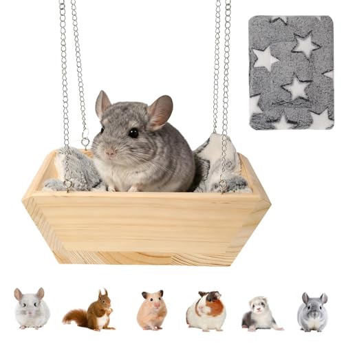 Large Wooden Hanging Bed with Soft Plush Mat for Chinchilla, Hammock for Rat Cage, Guinea Pig Ferret Swing, Small Animal Cage Accessories Resting Nest