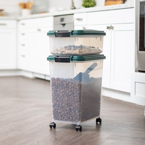 IRIS USA Airtight Pet Food Container, Up to 30 lbs & 11 lbs, Green | Airtight Seal, BPA-Free, 2-Cup Scoop, Stackable Design, Rolling Wheels, Dual Storage - size: 30 lbs, 11 lbs