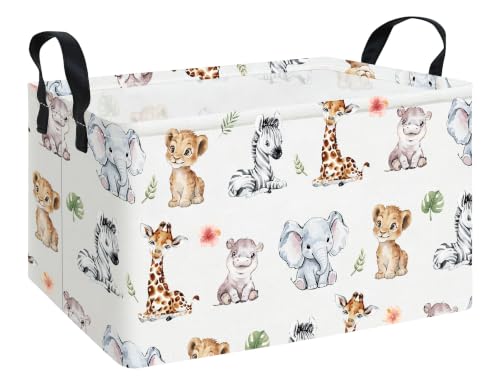 Rectangular Safari Animal Storage Bin, Fabric Closet Organizer Basket | Reinforced side grips, foldable container arranges wardrobe and bedroom daily belongings - color: REC Safari Animal