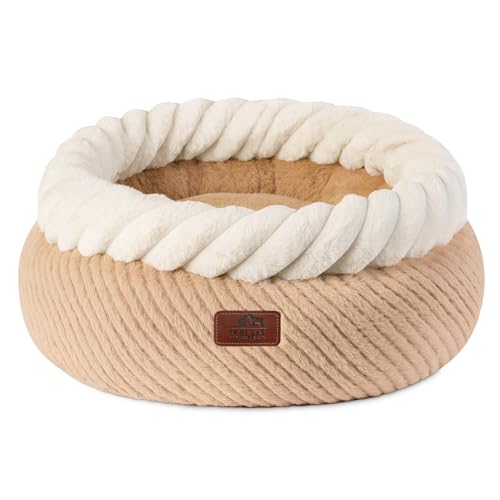 Hollypet Round Cat Bed Small Dog Beds with Detachable Cushion, Oatmeal | Cat Bed for Indoor Cats Washable Fluffy Small Dog Bed Cozy Plush Pet Beds with Non-Slip Bottom for Pets up to 22 lbs - color: Oatmeal and White