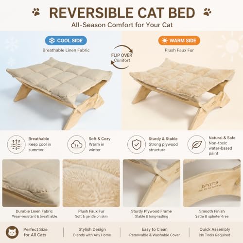 JSPYFITS Elevated Cat Bed Hammock, Raised Cat Bed with Dual-Sided Plush & Linen Cushion, Machine Washable & Breathable Cover Tool Free Easy Assembly, up to 66Lbs (Beige) - color: Chic Beige
