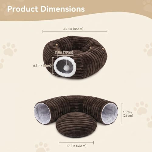 Dogpals Cat Tunnel Bed Cave 33" Lx10 Wx10 H for Indoor Cats (Coffee) | Washable Cozy Cushion, Soft Striped Plush Fabric, Hideaway Peekaboo Cave for Kittens, Puppies, Rabbits & Small Pets - color: Coffee
