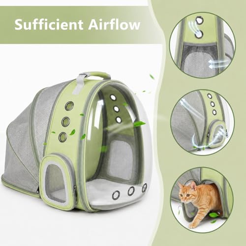 Expandable Cat Carrier Backpack with Bubble Window and Mesh, Light Green | Anti-collapse frame, breathable mesh, escape-resistant zipper clips and safety leash for vet visits and outdoor travel. - color: LightGreen