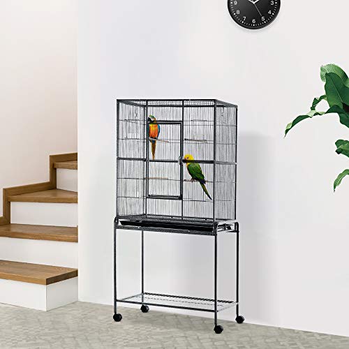 PawHut 30" Rolling Metal Bird Cage Feeder with Detachable Rolling Stand, Storage Shelf, Wood Perch & Food Container | Storage Shelf, Wood Perch, Food Container - size: 30.3"L x 18.5"W x 64.0"H